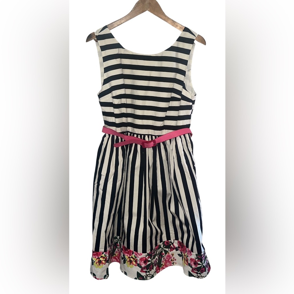 Striped Black and White Dress with Pink Accents